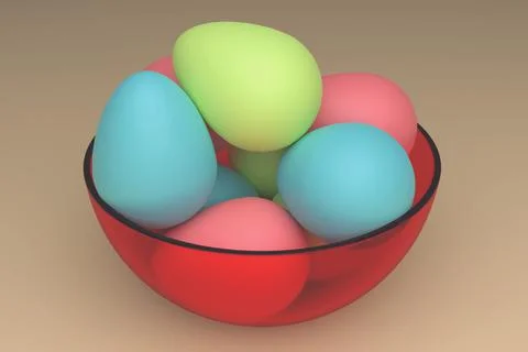 A red transparent plate on a yellow surface with painted Easter eggs. イラスト素材
