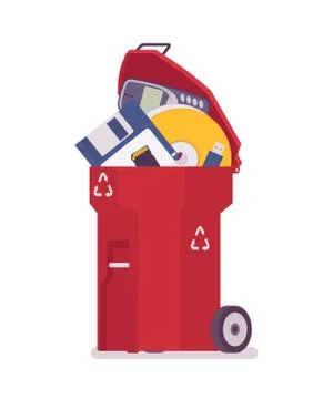 Red trash bin with old memory storages Stock Illustration