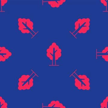 Red Tree icon isolated seamless pattern on blue background. Forest symbol. .. Stock Illustration
