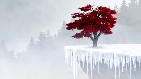 Red Tree on Mountain in Winter 4K Loop Stock Footage 306031022