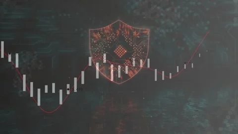 Red trend line dipping then rising, candlesticks shifting, glowing shield Stock Footage 332821662