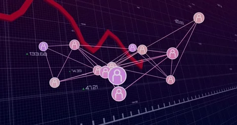 Red trend line entering top-left, passing grid, shifting avatar network, node Video stock 331063012