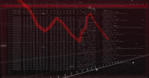 Red trend line graph moving over hexadecimal grid in control panel, with packet 스톡 사진