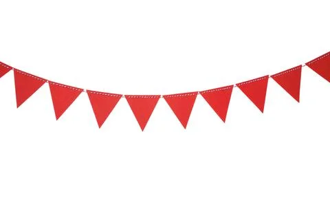 Red triangle flags hanging on white background Stock Photos