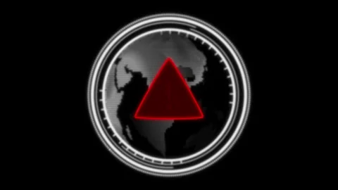 Red triangle icon overlaying futuristic digital world map interface. Global.. Stock Footage 337023101