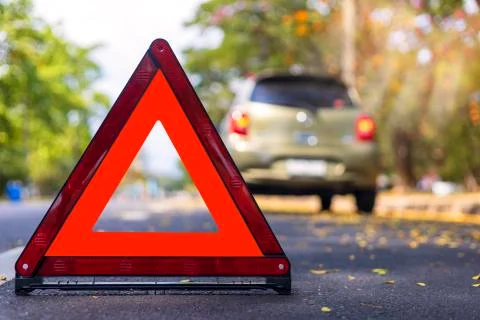 Red triangle, red emergency stop sign, red emergency symbol and  car stop and Stock Photos