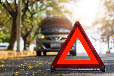 Red triangle, red emergency stop sign, red emergency symbol and  car stop and Stock Photos
