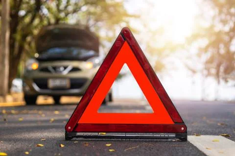 Red triangle, red emergency stop sign, red emergency symbol and  car stop and Stock Photos