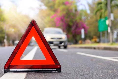 Red triangle, red emergency stop sign, red emergency symbol and  car stop and Stock Photos
