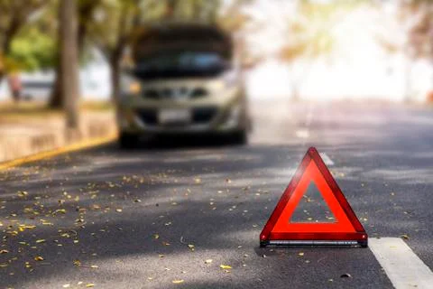 Red triangle, red emergency stop sign, red emergency symbol and  car stop and Stock Photos