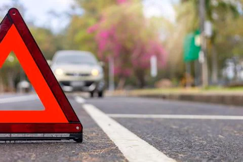 Red triangle, red emergency stop sign, red emergency symbol and  car stop and Stock Photos