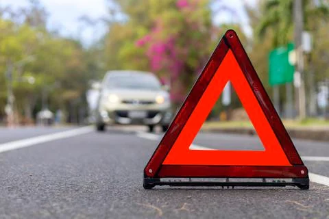 Red triangle, red emergency stop sign, red emergency symbol and  car stop and Stock Photos