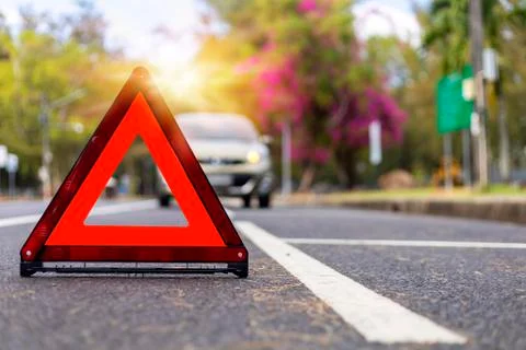 Red triangle, red emergency stop sign, red emergency symbol and  car stop and Stock Photos