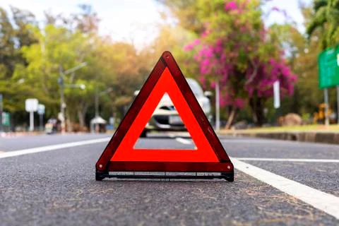 Red triangle, red emergency stop sign, red emergency symbol and  car stop and Stock Photos