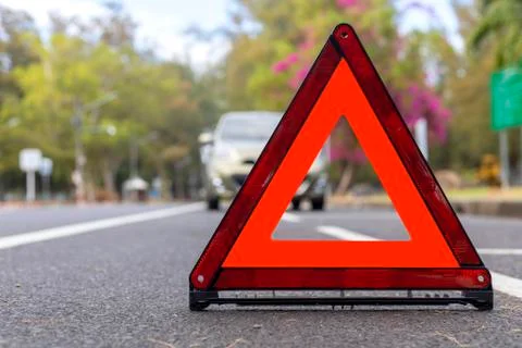 Red triangle, red emergency stop sign, red emergency symbol and  car stop and Stock Photos