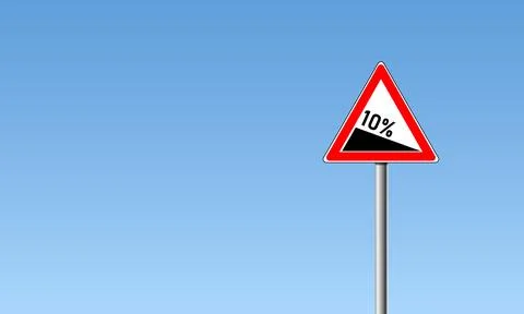 Red triangle road sign indicating a steep 10 percent downhill Stock Illustration