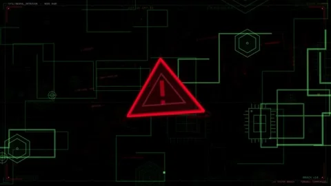 Red triangular alert appearing, growing and pulsing while neon schematic Stock-Footage 335424854