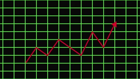 Red triangular arrow on a grid of green and white lines against a dark back.. 動画素材 337567293
