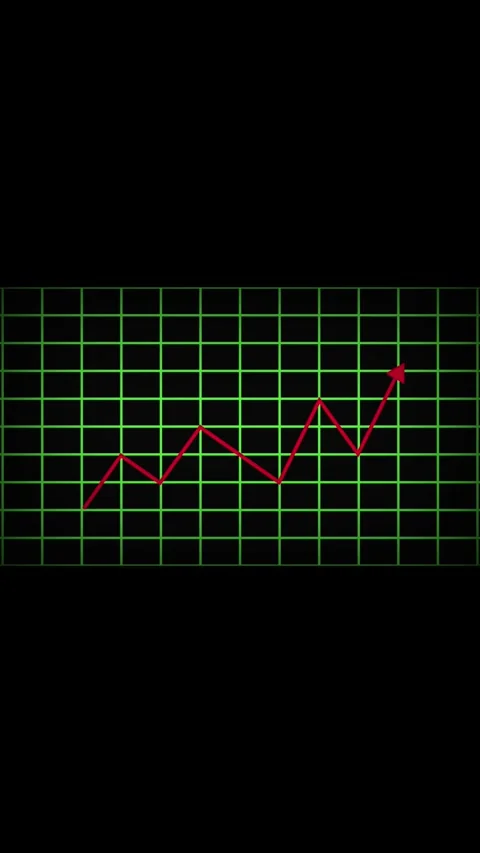 Red triangular arrow on a grid of green and white lines against a dark back.. Stock Footage 346047118