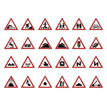 Red Triangular Road Signs. Vector Icons. Humorous Stickers. Embankment Exit.. Illustrazione stock