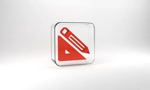 Red Triangular ruler and pencil icon isolated on grey background. Straightedge Ilustração Stock