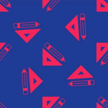 Red Triangular ruler and pencil icon isolated seamless pattern on blue back.. Stock Illustration