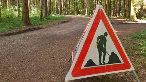 A red triangular warning sign in a Bern forest warns pedestrians of forestry Stock Footage 315426555