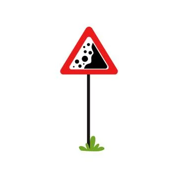 Red triangular warning sign falling stones. Dangerous road section. Flat vector Stock Illustration