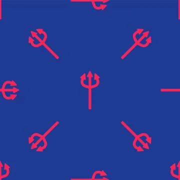 Red Trident devil icon isolated seamless pattern on blue background. Happy Stock Illustration