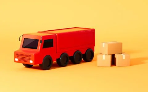A red truck and boxes in the yellow background, 3d rendering. 库存插图