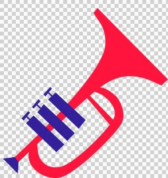 Red trumpet is floating on transparent background, flat design with dark blue Stock Illustration