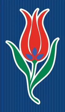 Red Tulip Vector Illustration with Green Leaves on Blue Background Stock Illustration