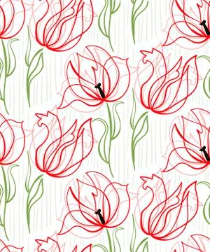 Red tulips seamless pattern vector floral design primitive scandinavian Stock Illustration