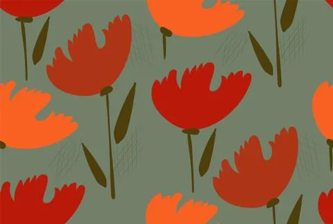 Red tulips seamless pattern vector floral design primitive scandinavian Stock Illustration