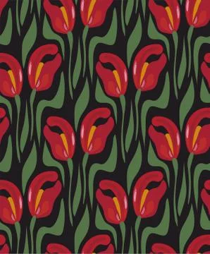 Red tulips seamless pattern vector floral design primitive scandinavian Stock Illustration