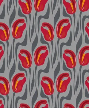 Red tulips seamless pattern vector floral design primitive scandinavian Illustrazione stock