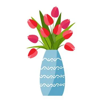 Red tulips vase in flat style on white background. Stock Illustration