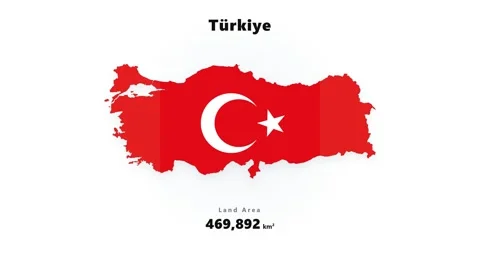 Red Turkey map silhouette with white crescent and star emblem, T rkiye lettering Stock Footage 345688958