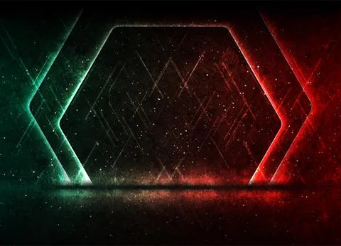 Red turquoise neon laser hexagonal frame technology grunge background 스톡 일러스트