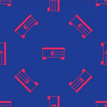 Red TV table stand icon isolated seamless pattern on blue background. Vector Stock Illustration