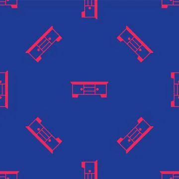 Red TV table stand icon isolated seamless pattern on blue background. Vector Stock Illustration