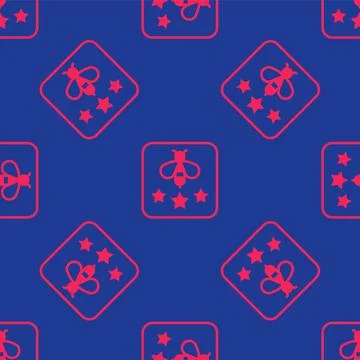 Red Type of bee icon isolated seamless pattern on blue background. Sweet natural Stock Illustration