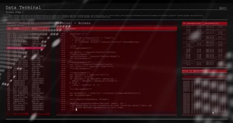 Red UI sliding in, dotted map zooming out, code filling panels, dots drifting, Vídeos de archivo 329472612