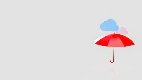 Red Umbrella Beneath Colorful Clouds on a Minimal White Background 3d render. Stock Illustration