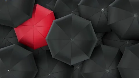 Red umbrella surrounded by black umbrellas looping 3D animation Stock Footage 219830331