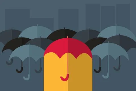 A red umbrella with a yellow light inside among a crowd of the same type of.. Illustrazione stock