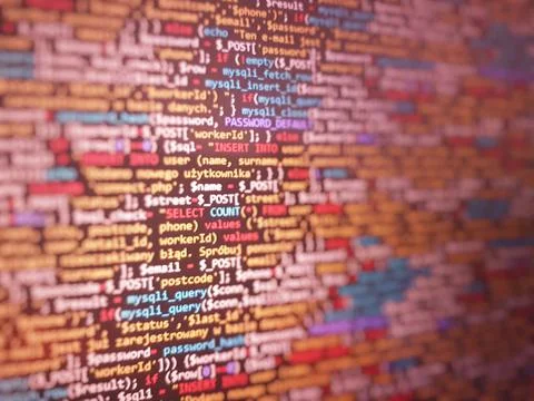 Red  unique background. Programming PHP on laptop computer screen. Program co Stock Photos