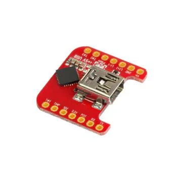 Red universal USB to TTL PCB board surface mount components in a close-up sid Stock Photos