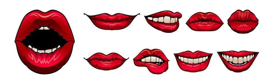 Red Upper and Lower Lips Closed and Showing Teeth in Smile Vector Set Stock Illustration