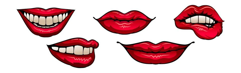 Red Upper and Lower Lips Closed and Showing Teeth in Smile Vector Set Stock Illustration
